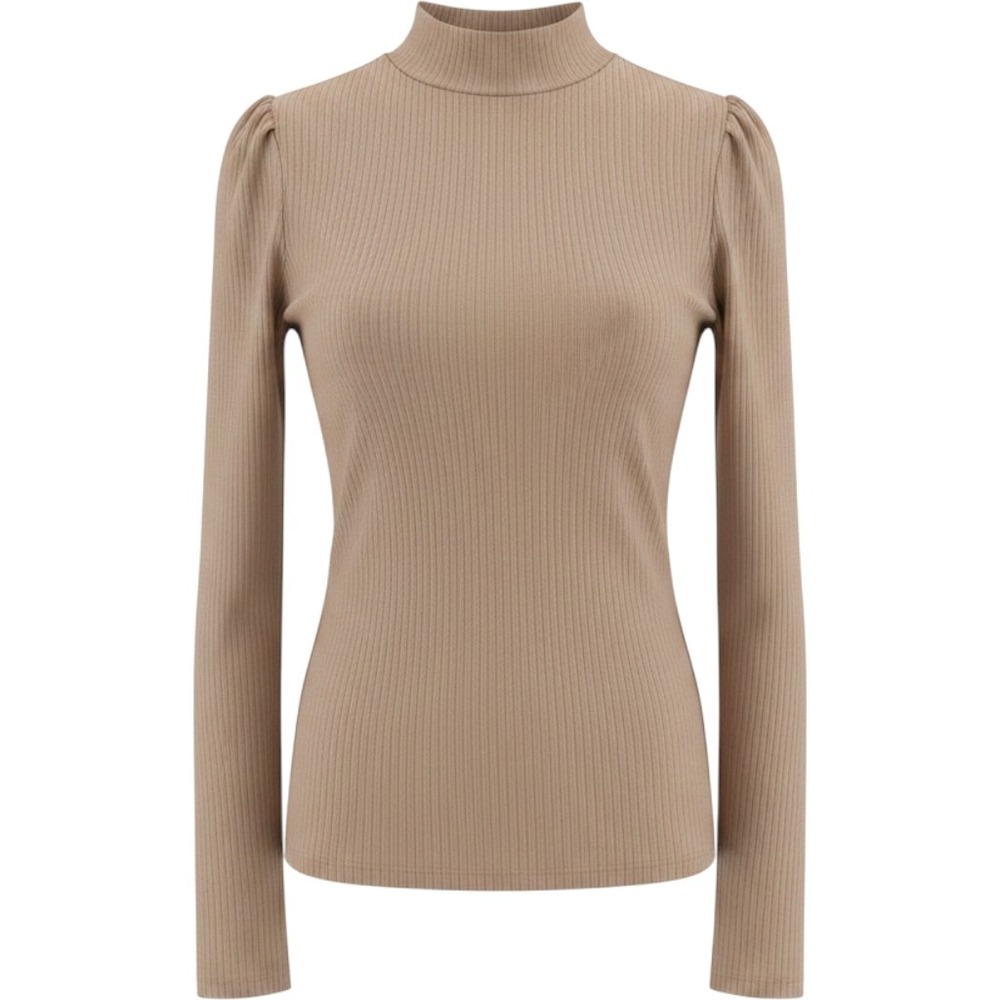 Express Womens Small Taupe Ribbed Mock Neck Puff Sleeve Knit Top Tan Long Sleeve
